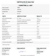 Certificate of Analysis for L-Carnitine USP For Compounding (API)