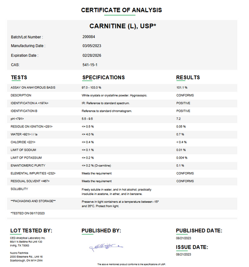 Certificate of Analysis for L-Carnitine USP For Compounding (API)