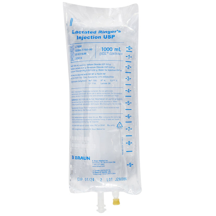 Lactated Ringers IV Solution Bag by B Braun, essential for electrolyte balance, hydration, and fluid resuscitation in medical treatments.