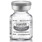Leuprolide acetate injection vial with gray cap, clear glass, labeled for subcutaneous use, 14 mg per 2.8 mL, sterile medication for hormone therapy