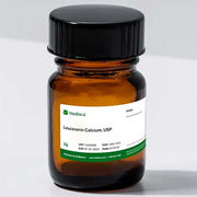 Amber glass bottle with black cap containing Leucovorin Calcium USP, labeled with green and white medical info, used for hormone therapy