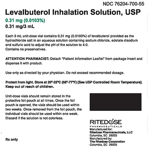 Bronchodilator | Levalbuterol Inhalation Solution 0.31 mg Nebulizer Vial 3 mL x 30/Box - Ritedose