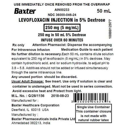 Levofloxacin 250mg in Dextrose 5% IV Bag Solution 50 mL x 24/Case (RX)