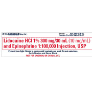 Lidocaine 1% with Epinephrine 1% Injection Vial Label on a shelf, critical for anesthesia, pain control, and reduced surgical bleeding.