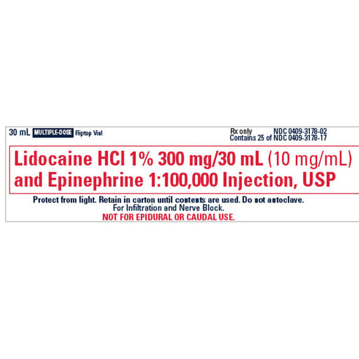 Lidocaine 1% with Epinephrine 1% Injection Vial Label on a shelf, critical for anesthesia, pain control, and reduced surgical bleeding.