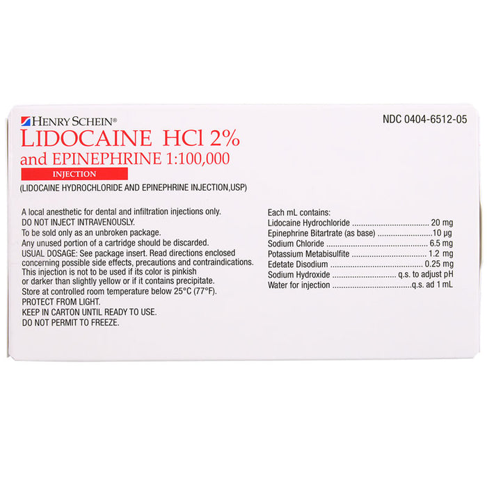 Lidocaine 2 hci  with Epinephrine Henry Schein 02A0100