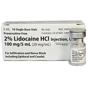 Lidocaine 2% for Injection 5 mL vial, used as a local anesthetic for pain relief and numbing during medical procedures and dental work.