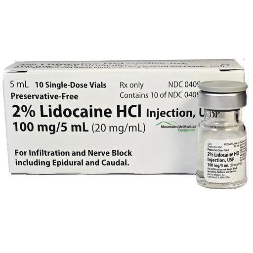 Lidocaine 2% for Injection 5 mL vial, used as a local anesthetic for pain relief and numbing during medical procedures and dental work.