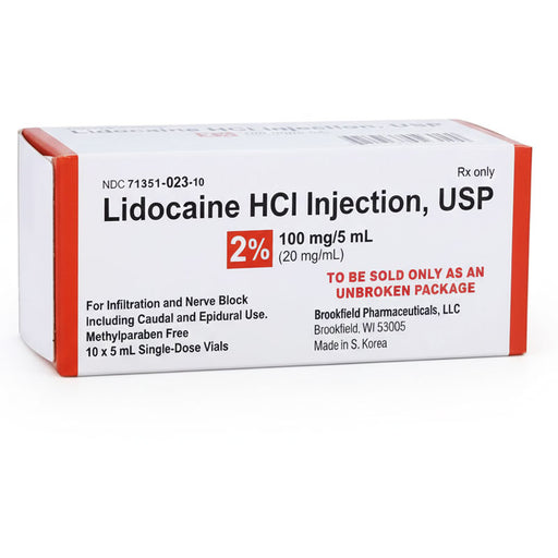 Lidocaine HCI Injection 2% Single-Dose Vials 5 mL by Brookfield Pharma. NDC: 71351-0023-10