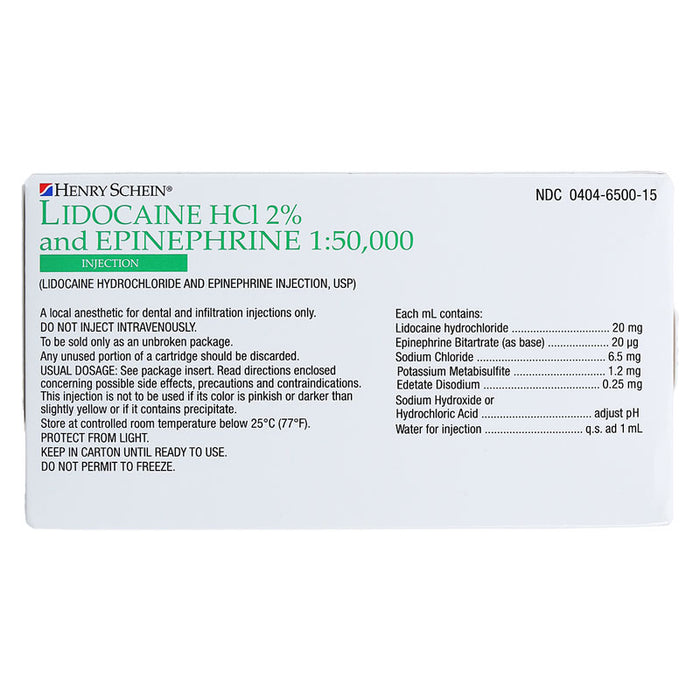 A boxed Henry Schein Lidocaine HCl 2% and Epinephrine 1:50,000.