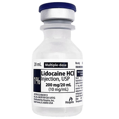 Lidocaine HCl 1% Injection 20 mL Vials, 25/Pack (RX) for effective local anesthesia and pain management.