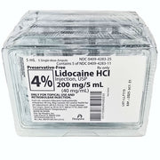 Lidocaine 4% Injection 40 mg/mL Glass Ampuls 5 mL for local anesthesia; image highlights pain management and surgical prep essentials.