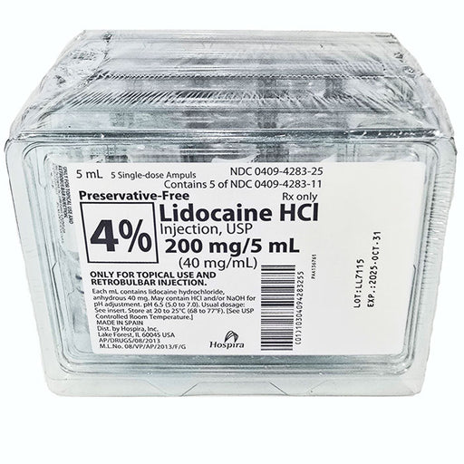 Lidocaine 4% Injection 40 mg/mL Glass Ampuls 5 mL for local anesthesia; image highlights pain management and surgical prep essentials.
