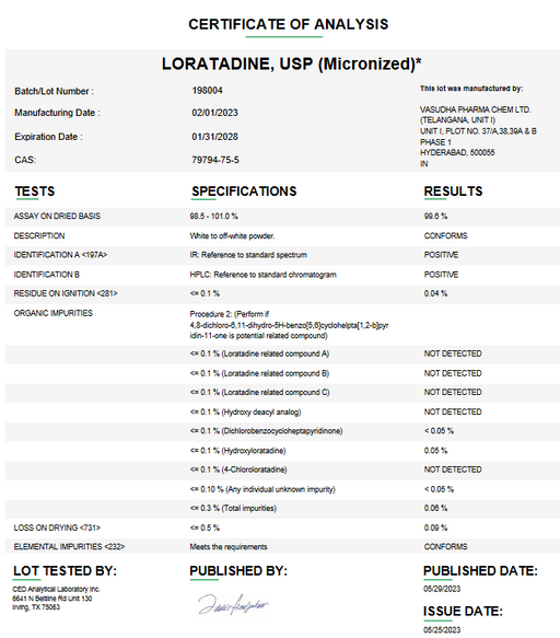 Certificate of Analysis for Loratadine USP (Micronized) For Compounding (API) by Medisca