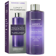 Bausch + Lomb Lumify Eye Illuminations cleansing water bottle in purple with silver cap, 5.4 fl oz, designed for gentle eye makeup removal.