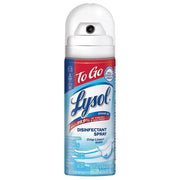 Lysol Disinfectant Spray in a 1.5 oz travel size with white cap, blue and red label, Crisp Linen scent, kills 99.9% of germs, portable disinfectant for surfaces.