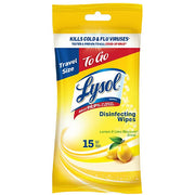 Yellow and blue Lysol disinfecting wipes travel pack with lemon and lime blossom scent, 15 wet wipes, antibacterial surface cleaner