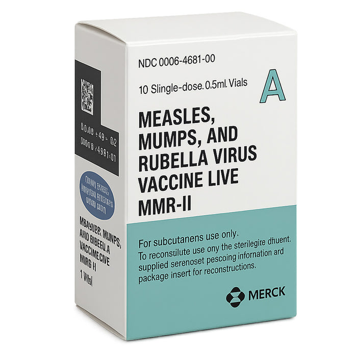 Measles, Mumps, and Rubella Virus Vaccine Live MMR-II packaging by Merck on a white background