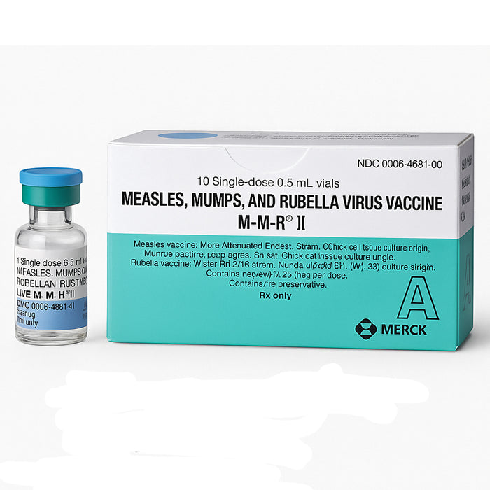 Measles, Mumps, and Rubella Virus vaccine packaging on a white background