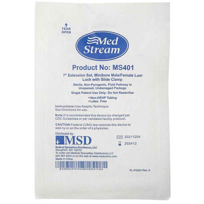 MS401 IV Extension Set Minibore without Port, Male Female Luer Lock in package.