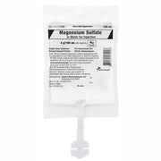 Clear IV bag with white label displaying magnesium sulfate 4% in water for injection, 100 mL capacity, sterile medical packaging
