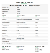 Certificate of Analysis for Magnesium Citrate USP (Tribasic) (Soluble) For Compounding
