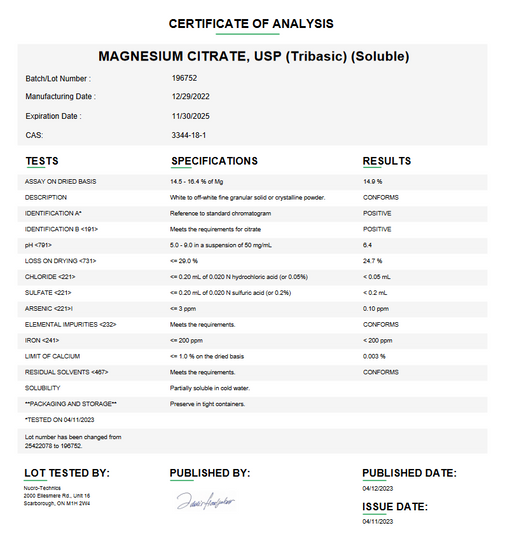 Certificate of Analysis for Magnesium Citrate USP (Tribasic) (Soluble) For Compounding