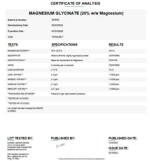 Magnesium Glycinate USP (20% w/w Magnesium) For Compounding (API) 100 g 1 Kg