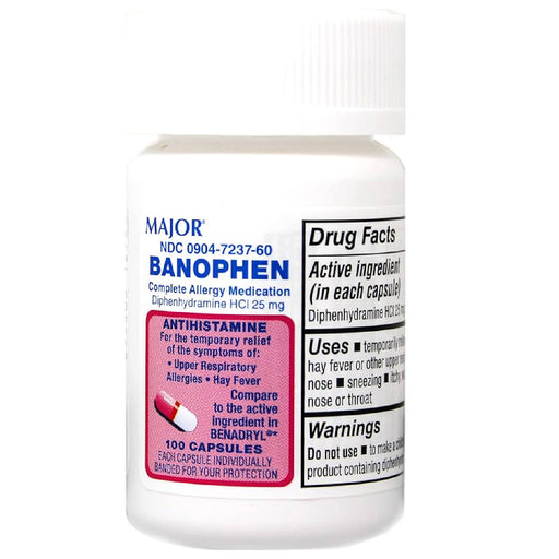 Major Pharmaceuticals Banophen Allery Relief Medicine Diphenhydramine 50 mg Capsules, 100 Count | Mountainside Medical Equipment 1-888-687-4334 to Buy