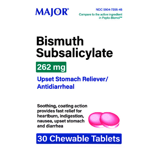 Buy Major Pharmaceuticals Major Bismuth Subsalicylate 262mg Upset Stomach Reliever & Antidiarrheal 30 Chewable Tablets  online at Mountainside Medical Equipment