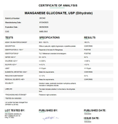 Certificate of Analysis for Manganese Gluconate USP Dihydrate For Compounding (API)