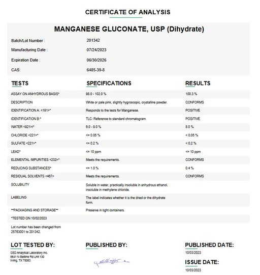 Certificate of Analysis for Manganese Gluconate USP Dihydrate For Compounding (API)