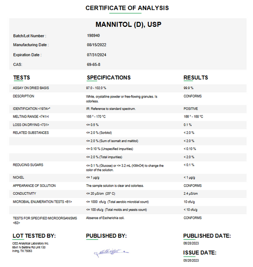 Certificate of Analysis for Mannitol (D) USP For Compounding (API) by Medisca