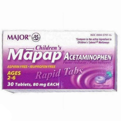 Major Pharmaceuticals Mapap Children's Acetaminophen Rapid Dissolve Tablets, Grape Flavor 80 mg, 30 Count | Mountainside Medical Equipment 1-888-687-4334 to Buy