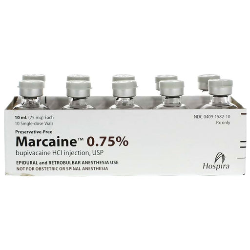 Marcaine (Bupivacaine Hydrochloride) 0.75% Injection tray of 10 vials for local anesthesia, surgical procedures, and effective pain control.