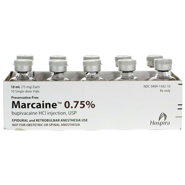 Marcaine (Bupivacaine Hydrochloride) 0.75% Injection tray of 10 vials for local anesthesia, surgical procedures, and effective pain control.