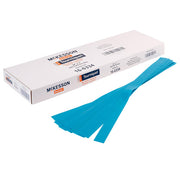 Box of McKesson blue elastic tourniquet straps, 18-inch length, with multiple straps displayed, used for medical procedures