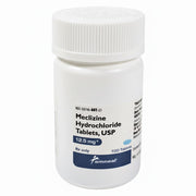 White bottle of Meclizine Hydrochloride Tablets 12.5 mg by Amneal with label showing dosage, used for nausea and vertigo treatment
