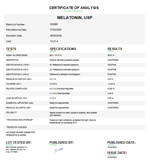 Certificate of Analysis for Melatonin USP For Compounding (API)