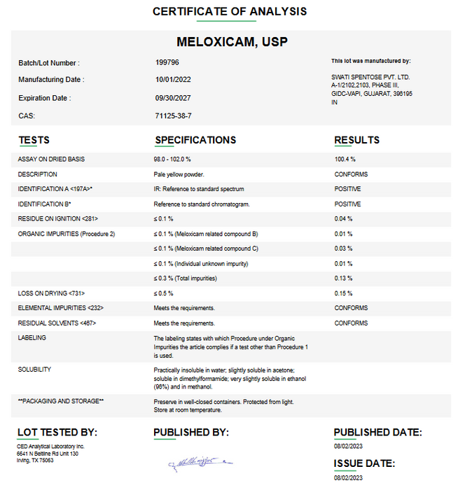 Meloxicam USP Certificate of Analysis