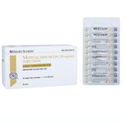 Box of Henry Schein Mepivacaine HCl 3% plain local anesthetic cartridges with 50 single-dose cartridges in blister pack, used for dental nerve blocks.