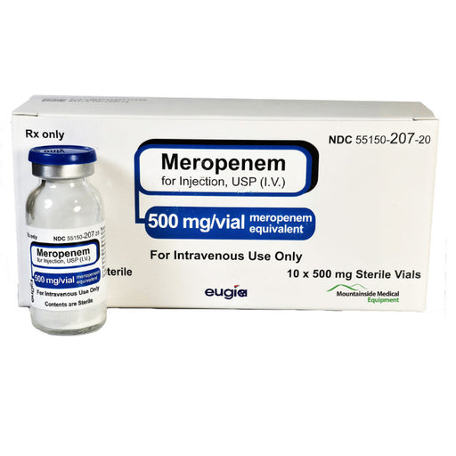 Meropenem Injection 500 mg vial for treating severe bacterial infections, including pneumonia and intra-abdominal infections, in hospital settings.
