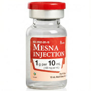 Clear glass vial of Mesna Injection with red and white label, red cap, 10 mL multi-dose vial for chemotherapy bladder protection