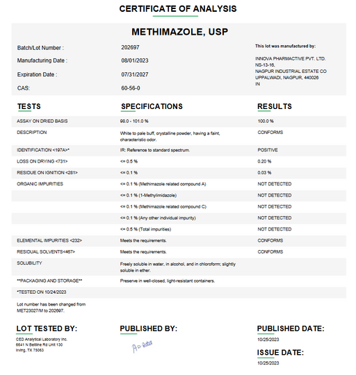 Certificate of Analysis for Methimazole USP For Compounding (API)