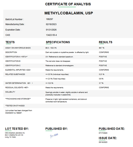 Certificate of Analysis for Methionine (L) USP For Compounding (API)