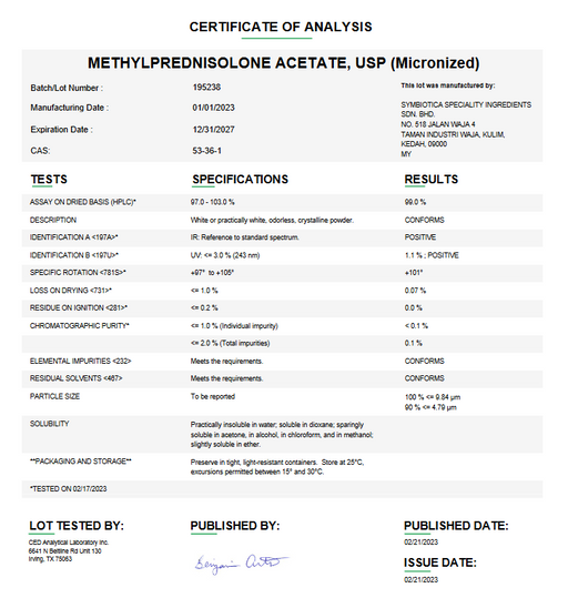 Certificate of Analysis for Methylprednisolone Acetate USP (Micronized) For Compounding
