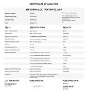 Laboratory analysis certificate for Metoprolol Tartrate USP powder, showing batch details, test results, and specifications