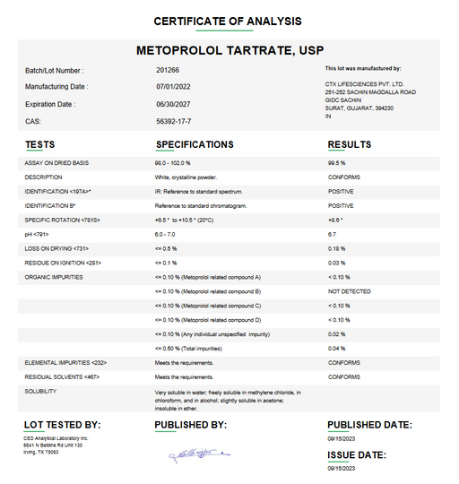Certificate of Analysis for Metoprolol Tartrate USP For Compounding (API)