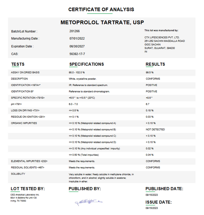 Metoprolol Tartrate USP Certificate of Analysis 