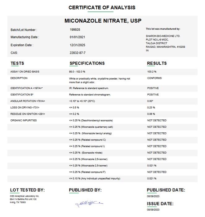 Certificate of Analysis for Miconazole Nitrate USP For Compounding (API)